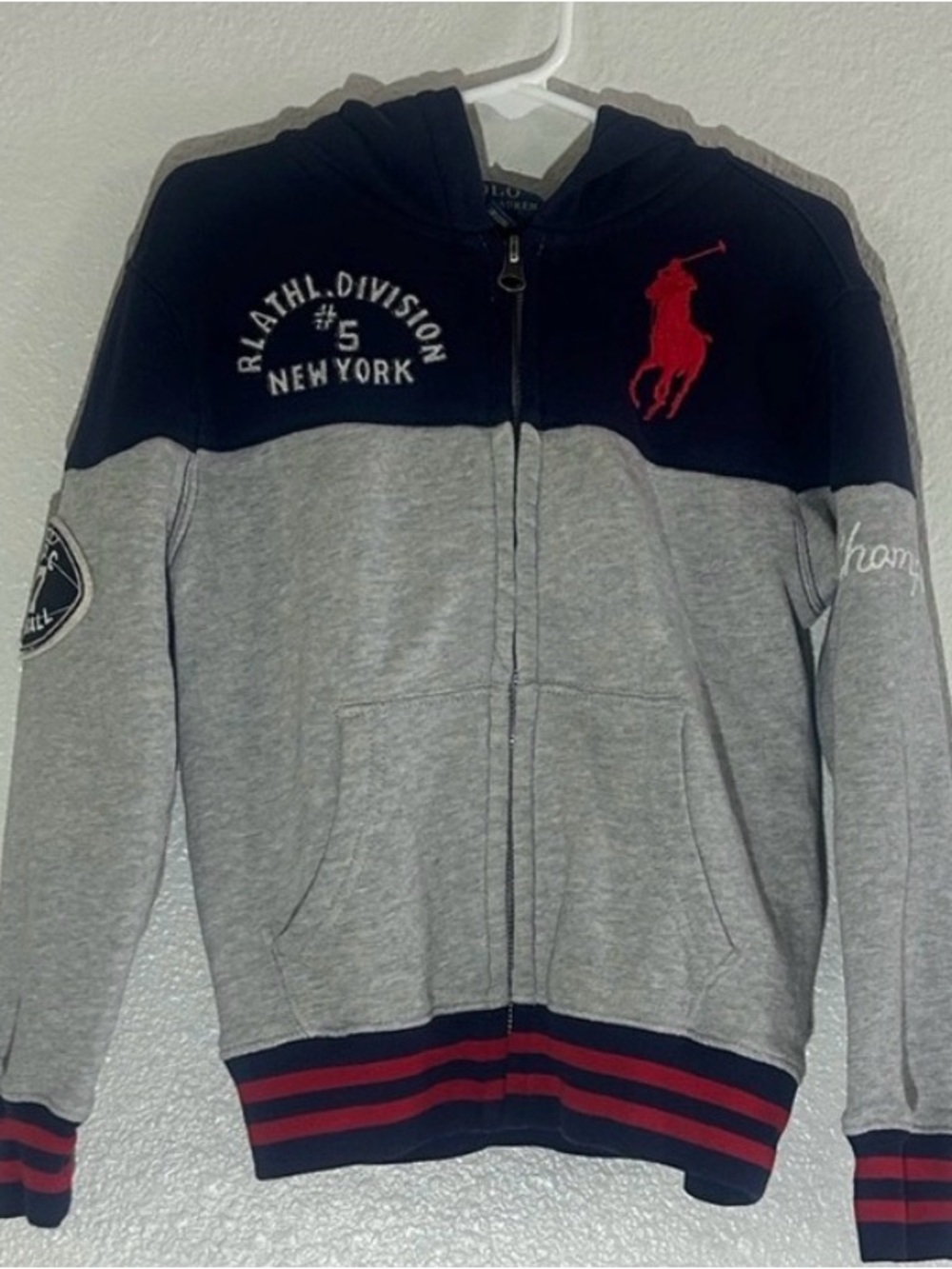 Boys Polo by Ralph Lauren Gray & Navy Zip-Up Hoodie with Red Pony